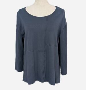 Lisa Bayne Tunic Top Womens Large Dark Teal Asymmetric Hem Lagenlook